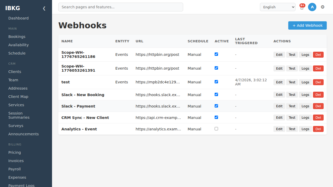 Webhooks list