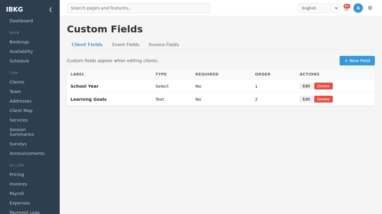 Custom Fields page