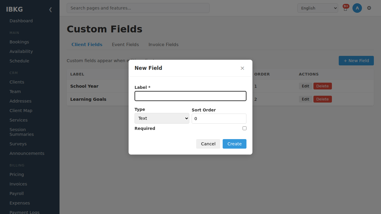 New field modal (empty)