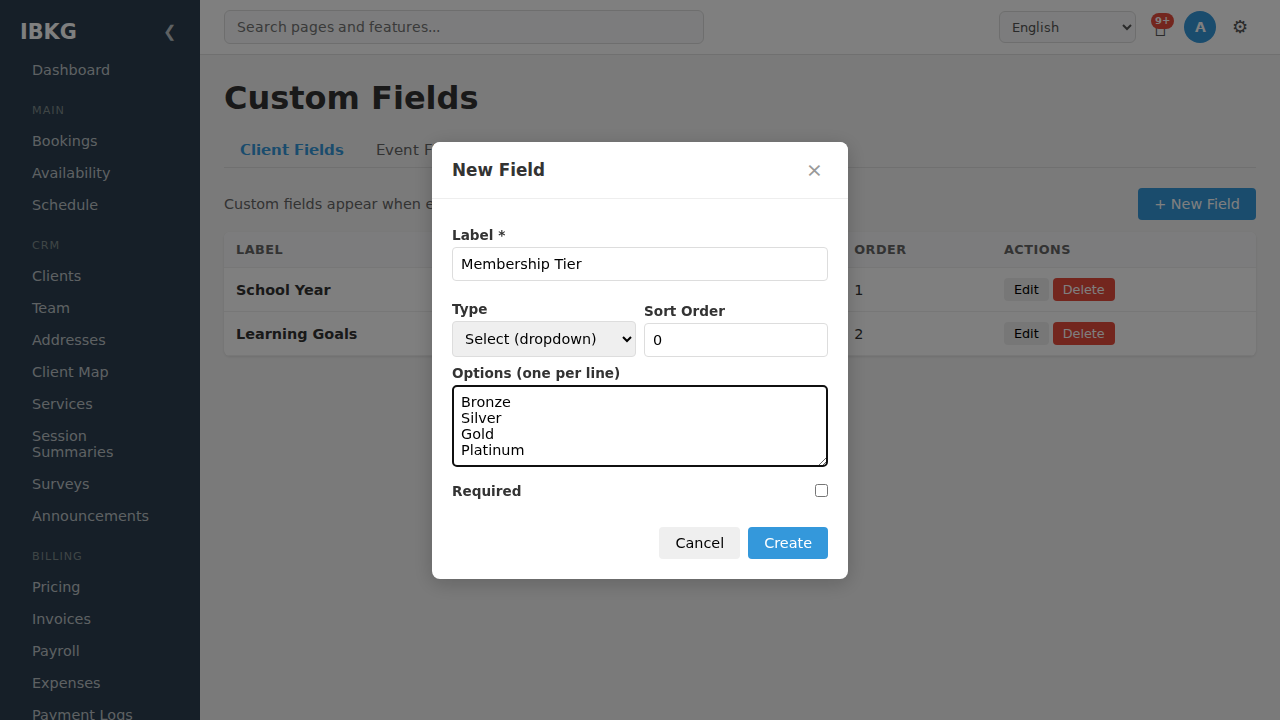 Select field with options