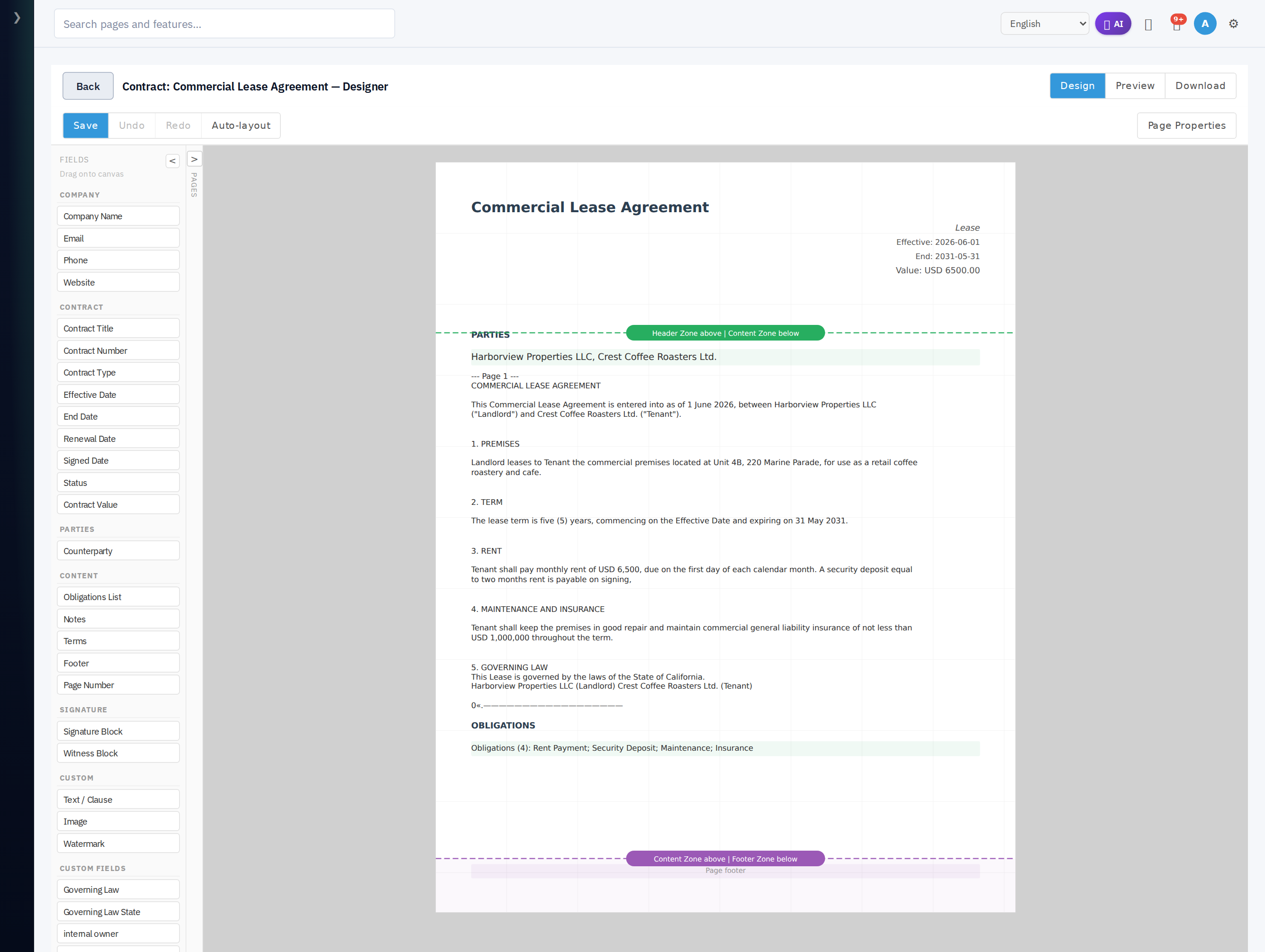 Contract designer: contract field categories and a lease layout