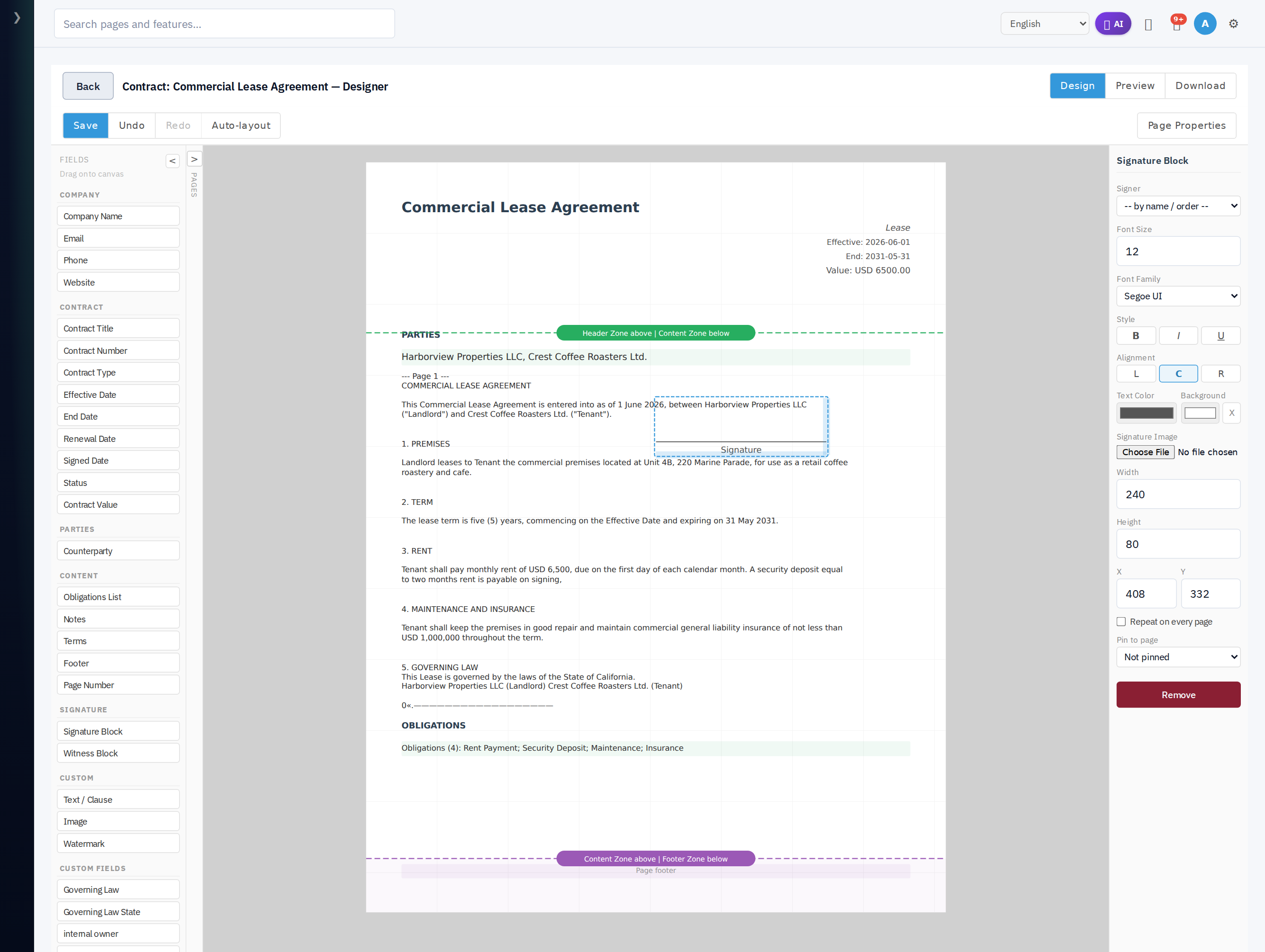 Signature Block inspector: Signer binding, Signature Image, Repeat on every page
