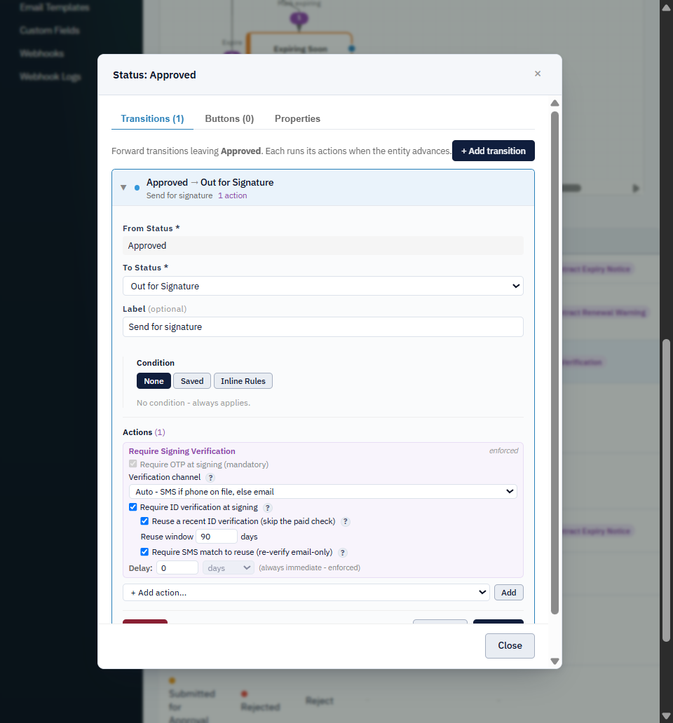 Require Signing Verification action - OTP, channel, ID verification, and reuse settings on a workflow transition