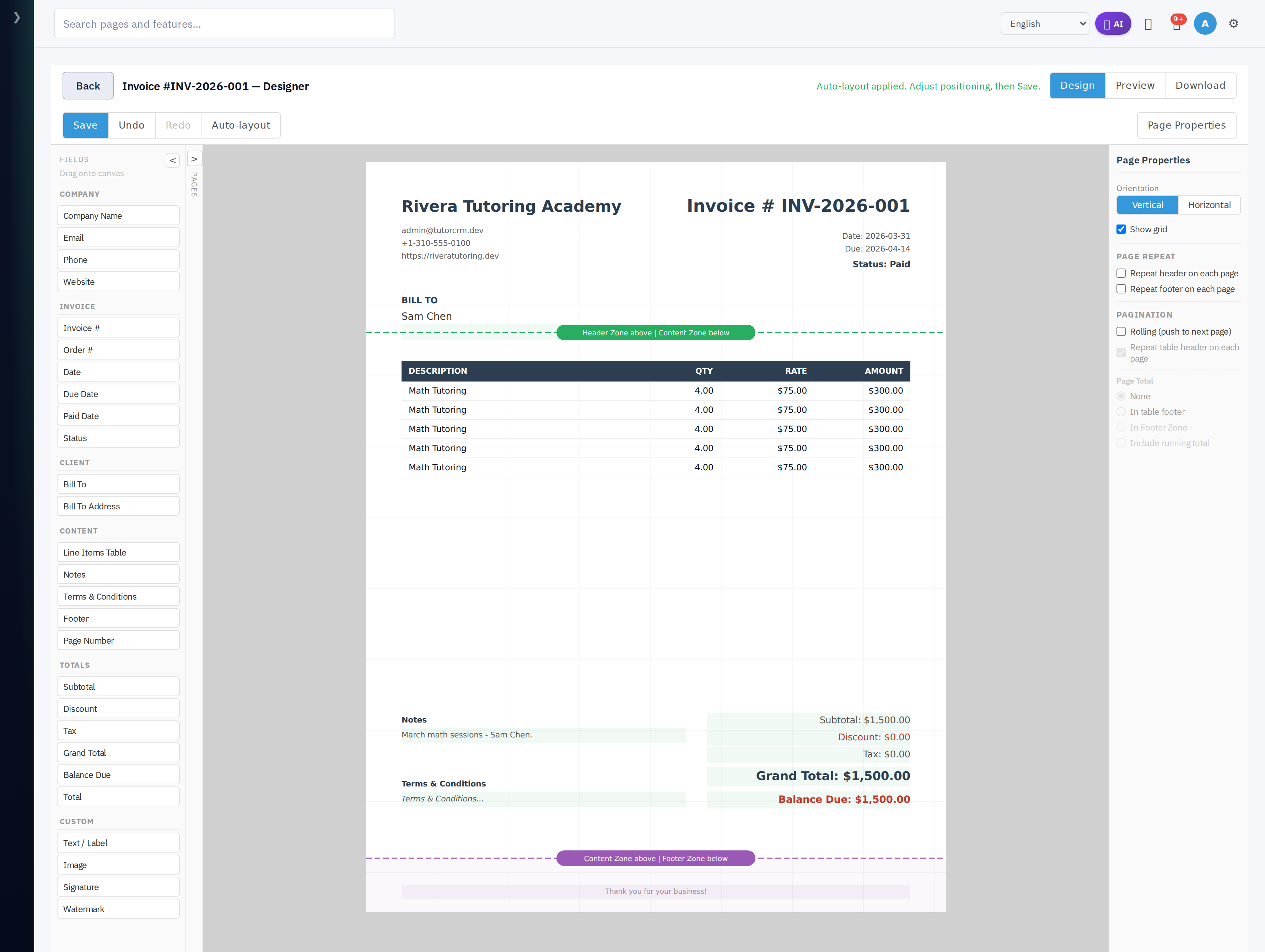 The invoice designer workspace: top bar, fields panel, canvas, and page properties