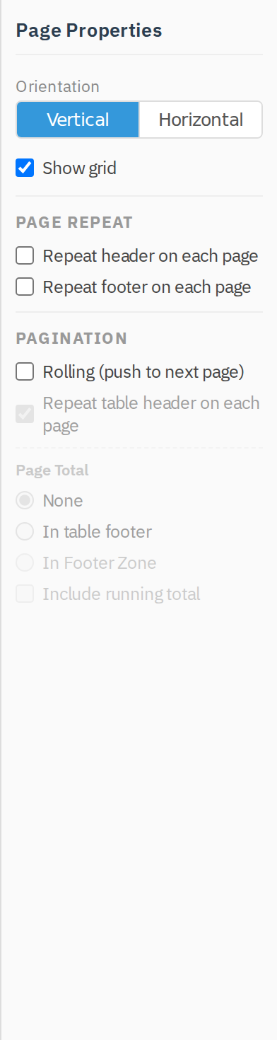 Page Properties panel: orientation, grid, page repeat, pagination