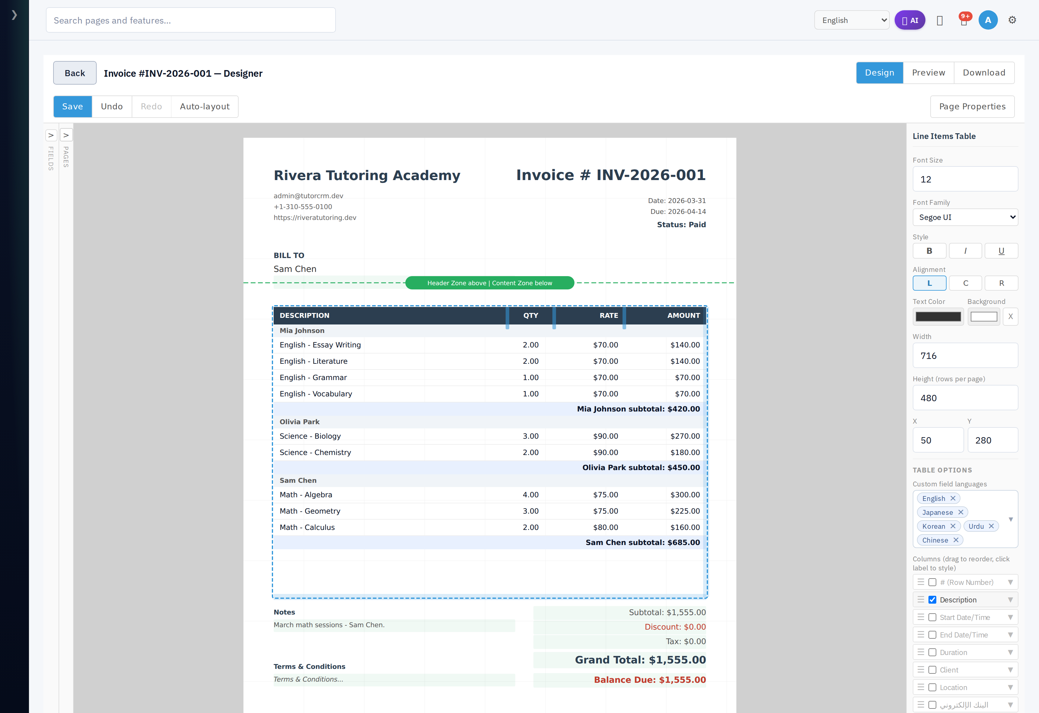 Line items grouped by client, each sub-group with a subtotal