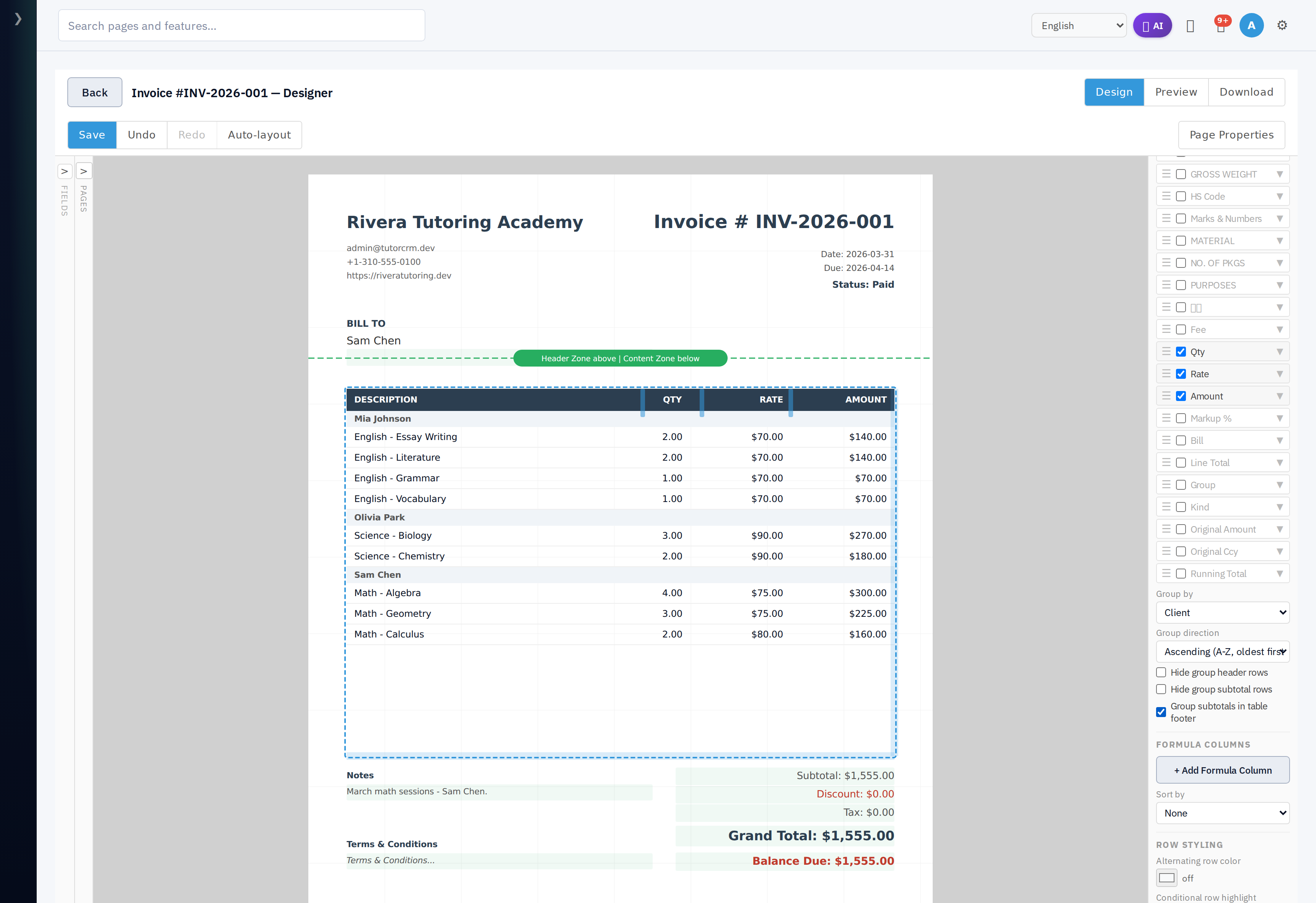 Grouping controls: Group by, direction, hide headers/subtotals, subtotals in footer