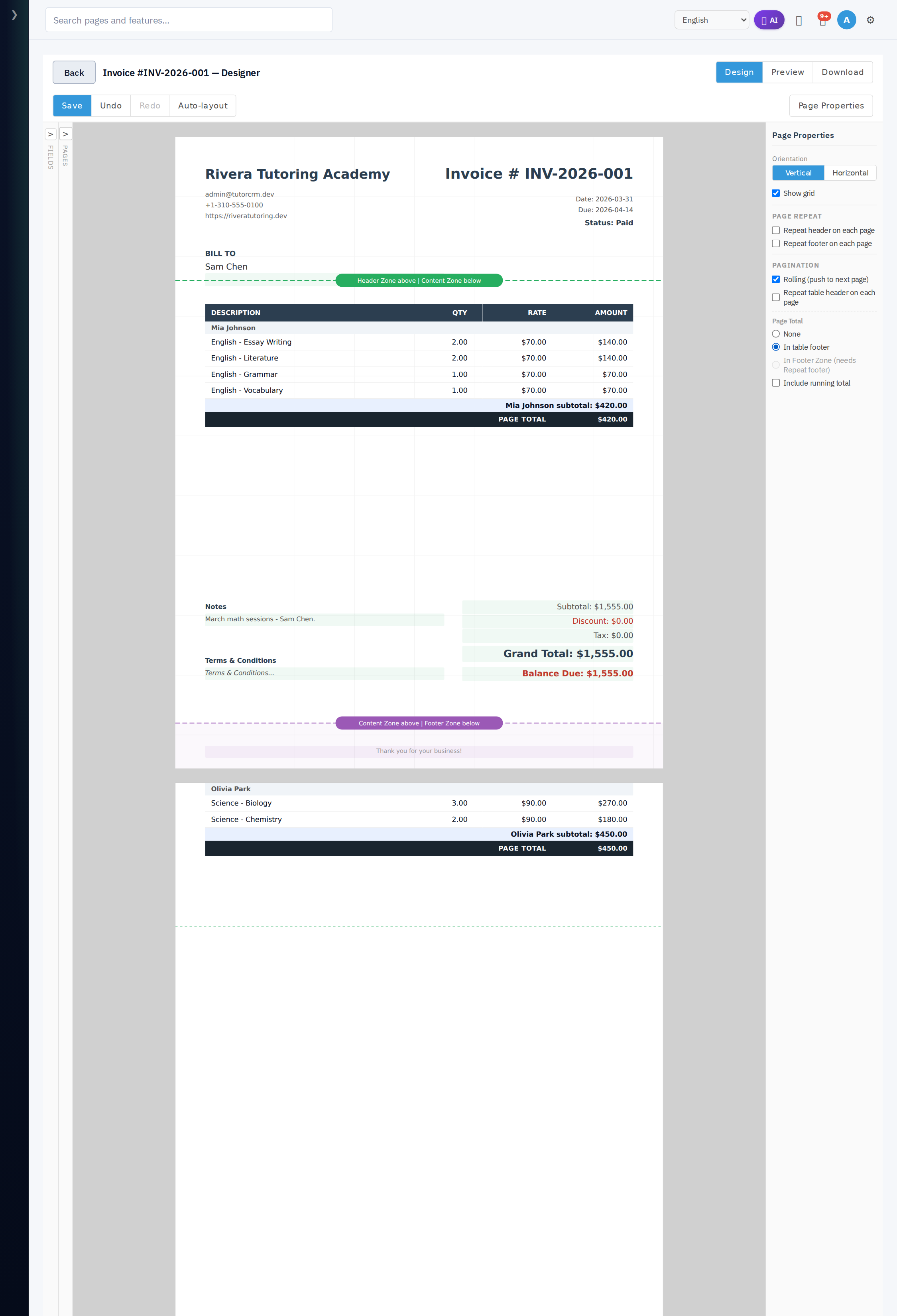Paginated grouped table: each group on its own page with a per-page total, but page 2 has no header