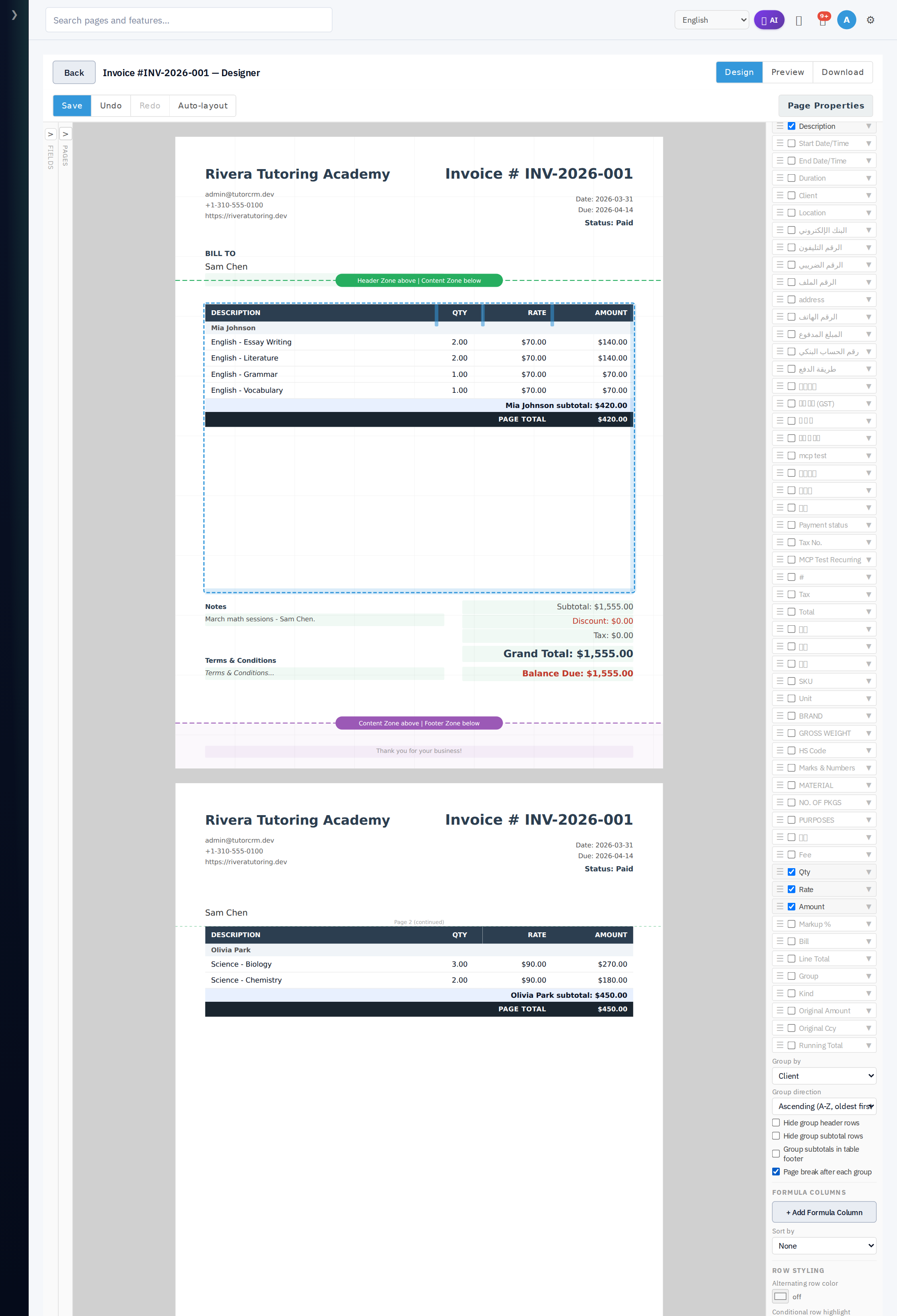 With Repeat header + Repeat table header on, page 2 repeats the company header and column header