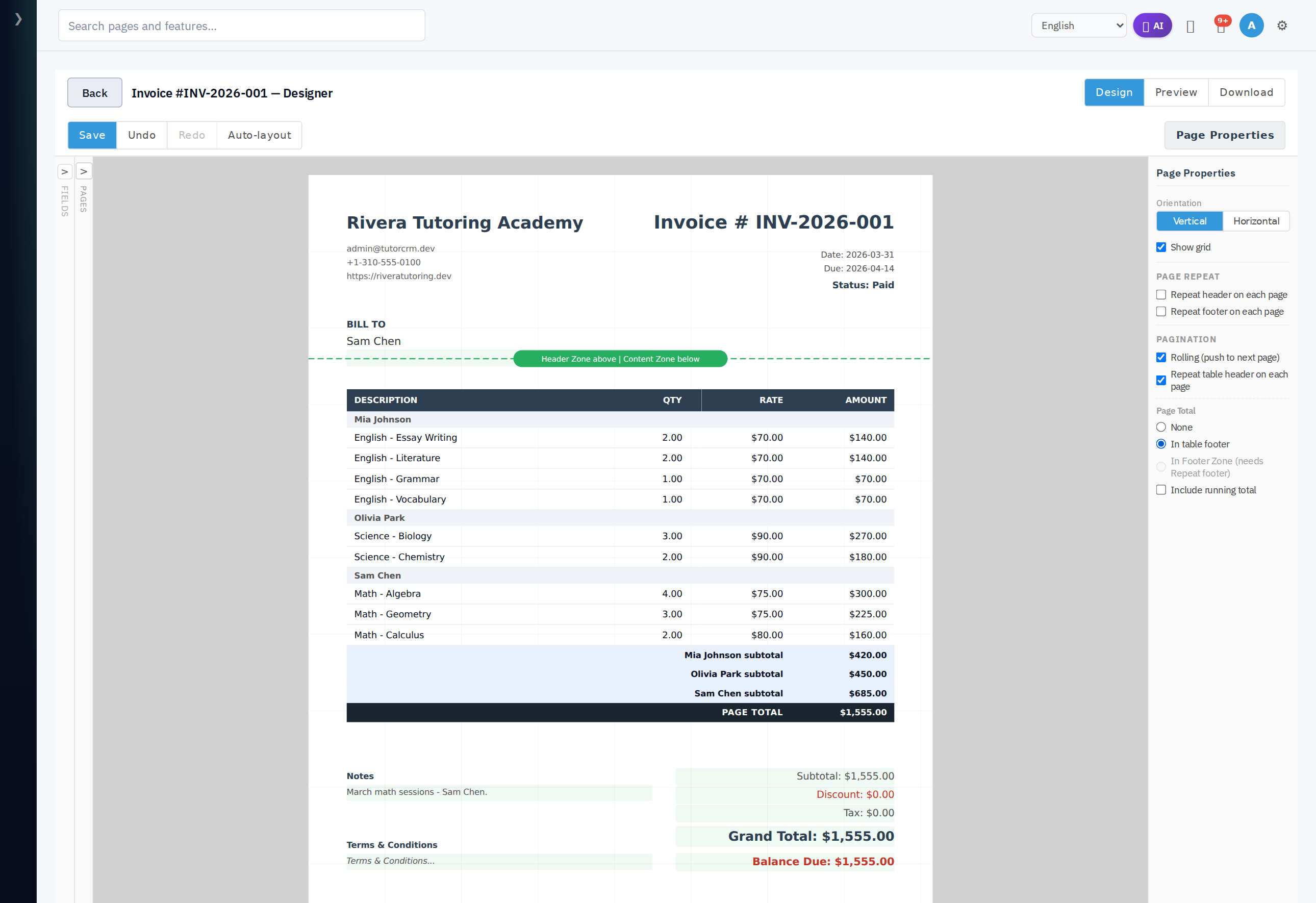 Group subtotals collected together in the table footer