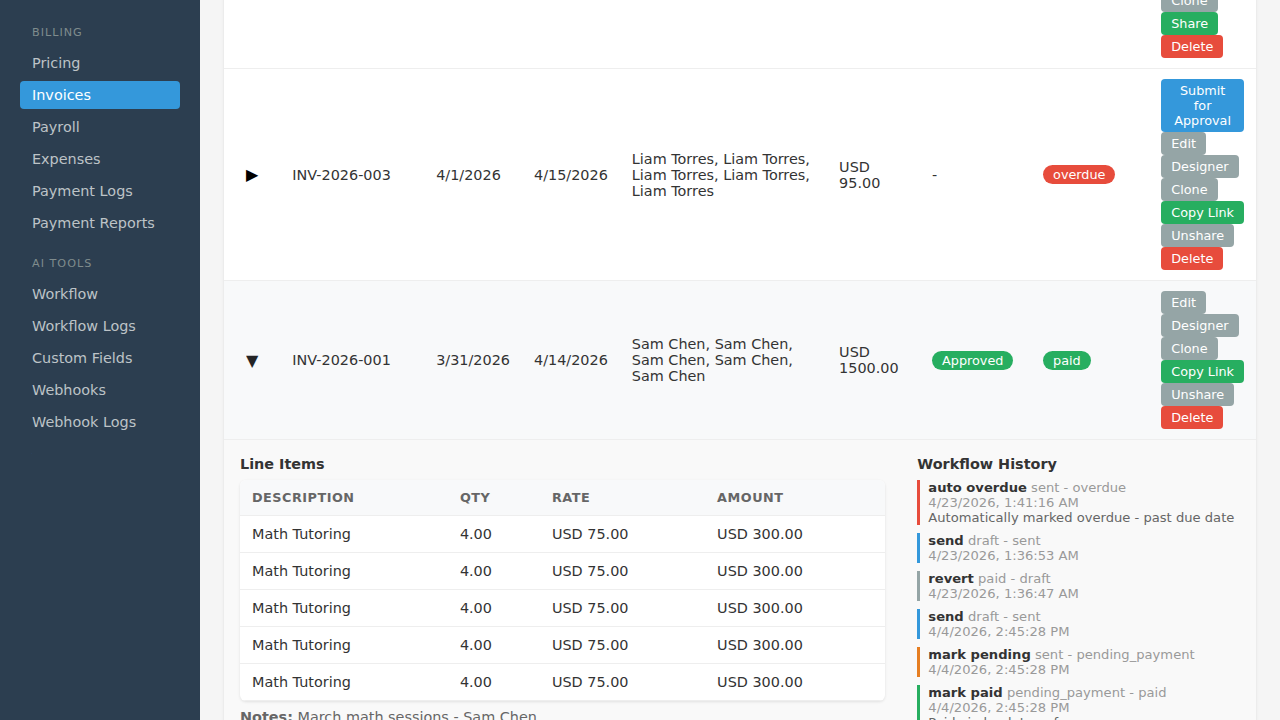 Expanded invoice with share link and history