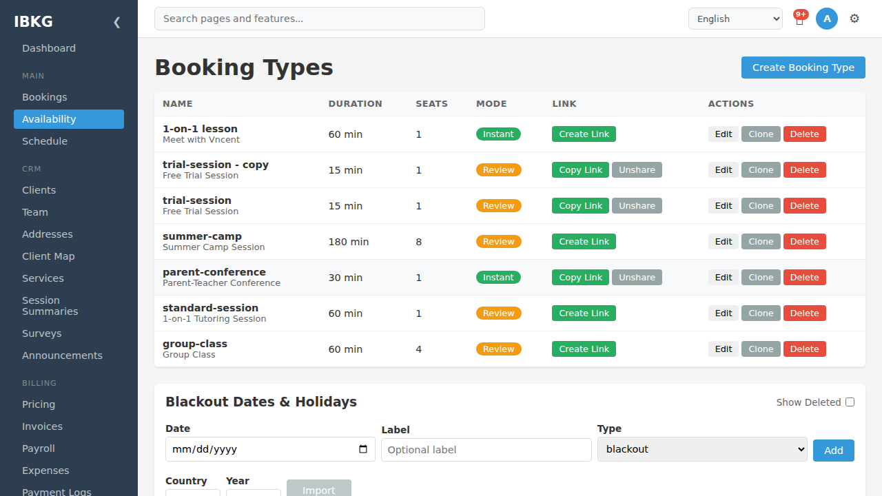 Booking Types page