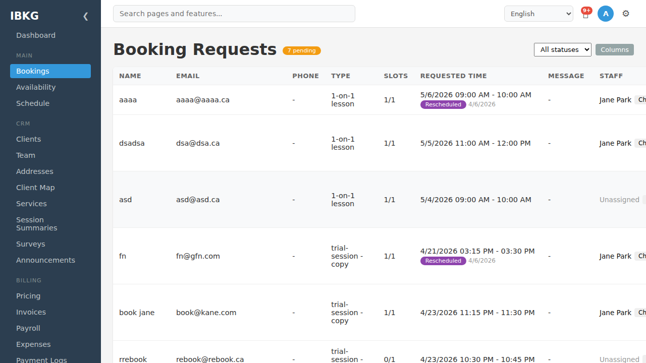 Booking requests list