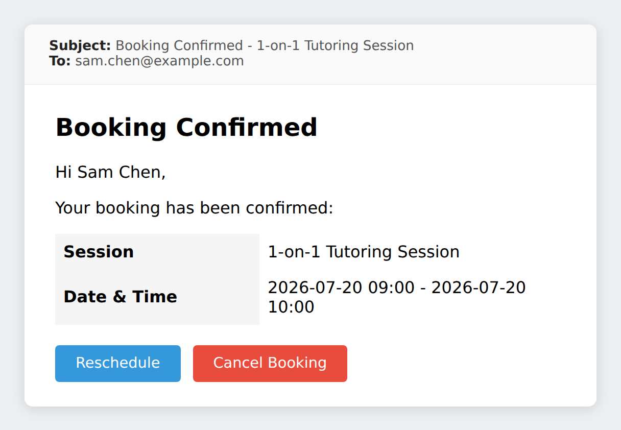 Booking Confirmed email with session details and Reschedule / Cancel buttons
