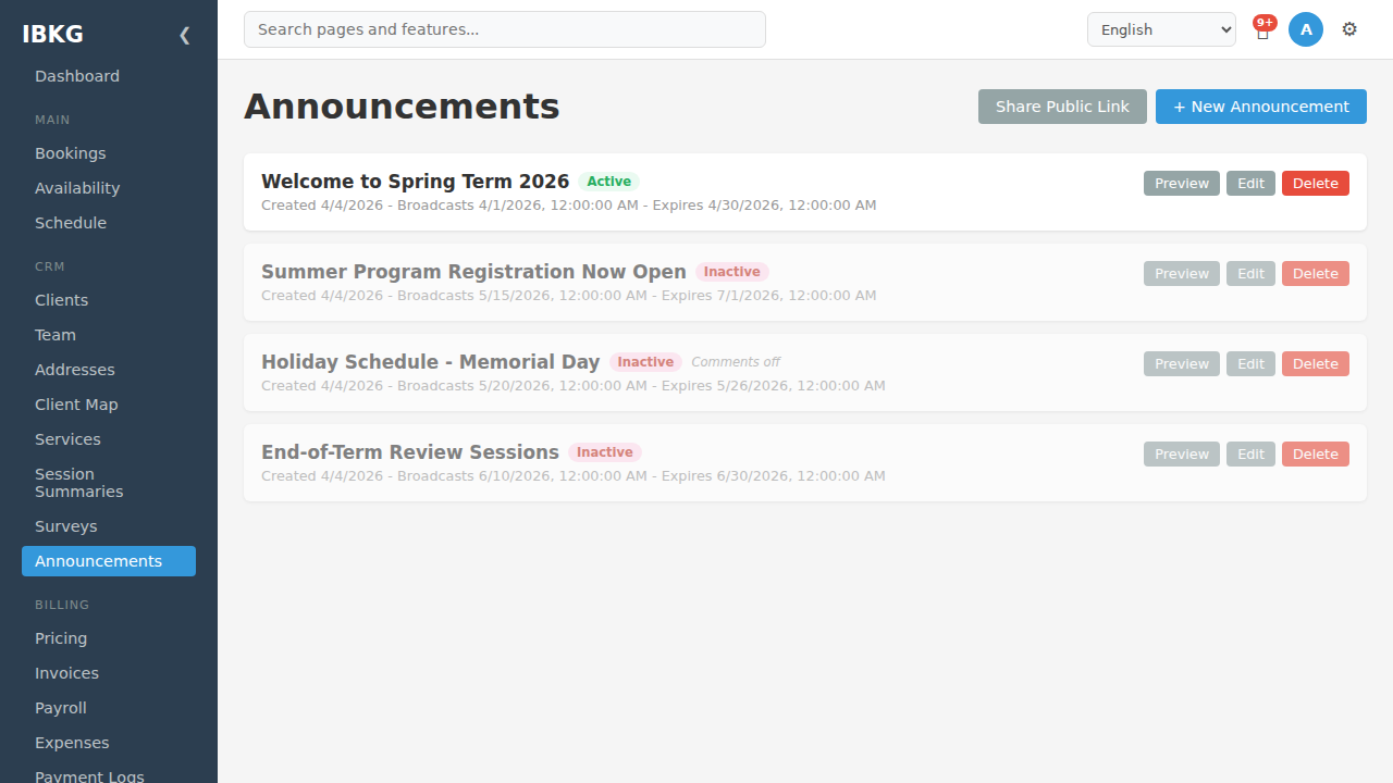 Announcements list