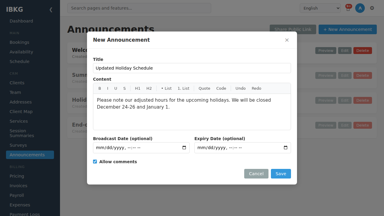 New announcement modal filled