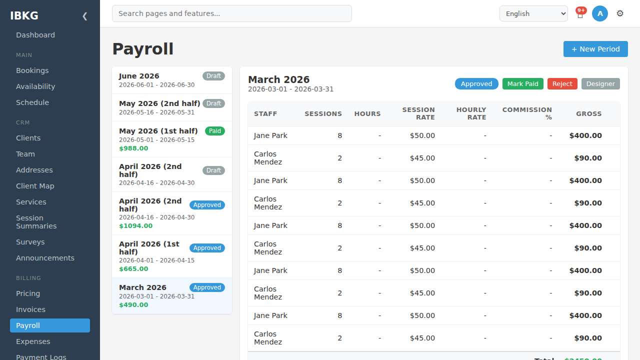 Period selected with entries